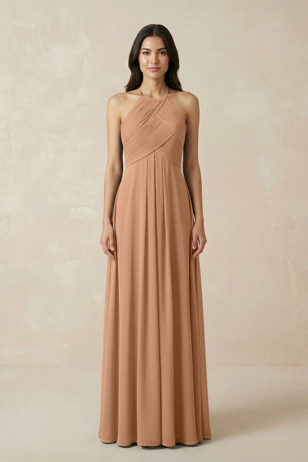 A-Line Halter Neck Pleated Chiffon Bridesmaid Dress in Bronzer - KissProm BRIDESMAID DRESSES