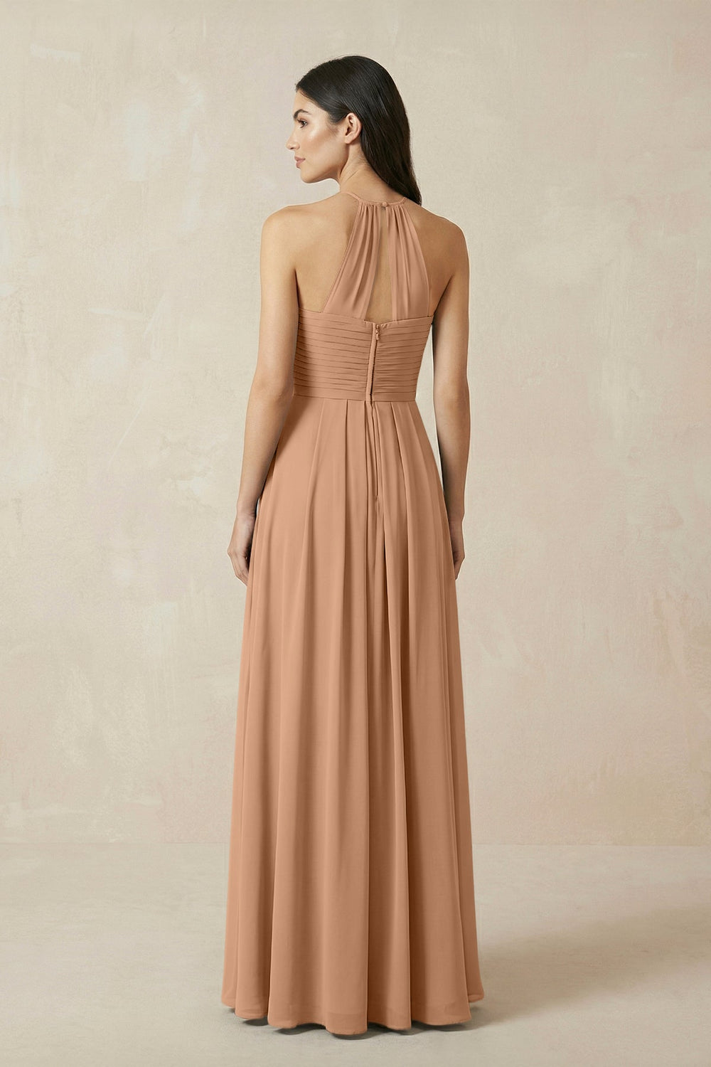 A-Line Halter Neck Pleated Chiffon Bridesmaid Dress in Bronzer - KissProm BRIDESMAID DRESSES