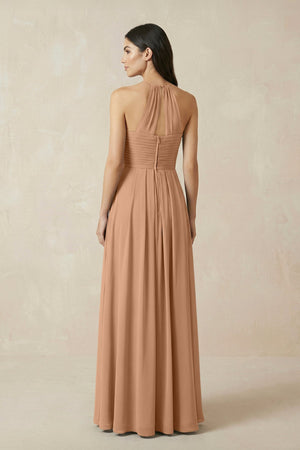 A-Line Halter Neck Pleated Chiffon Bridesmaid Dress in Bronzer - KissProm BRIDESMAID DRESSES
