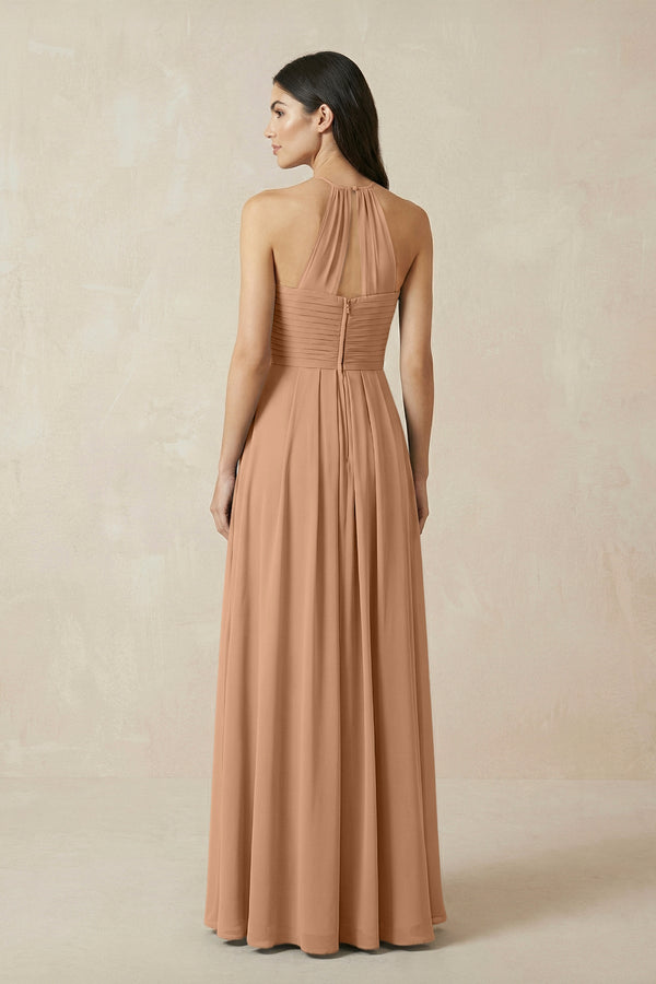 A-Line Halter Neck Pleated Chiffon Bridesmaid Dress in Bronzer - KissProm BRIDESMAID DRESSES