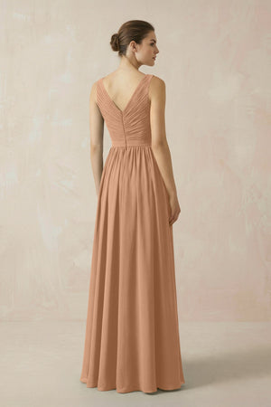 A-Line V-Neck Pleated Chiffon Bridesmaid Dress in Bronzer - KissProm BRIDESMAID DRESSES