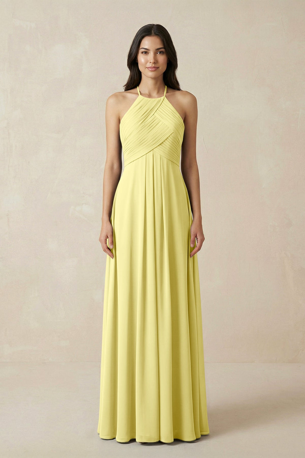 A-Line Halter Neck Pleated Chiffon Bridesmaid Dress in Buttercup - KissProm BRIDESMAID DRESSES