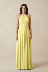 A-Line Halter Neck Pleated Chiffon Bridesmaid Dress in Buttercup - KissProm BRIDESMAID DRESSES
