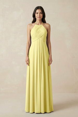 A-Line Halter Neck Pleated Chiffon Bridesmaid Dress in Buttercup - KissProm BRIDESMAID DRESSES
