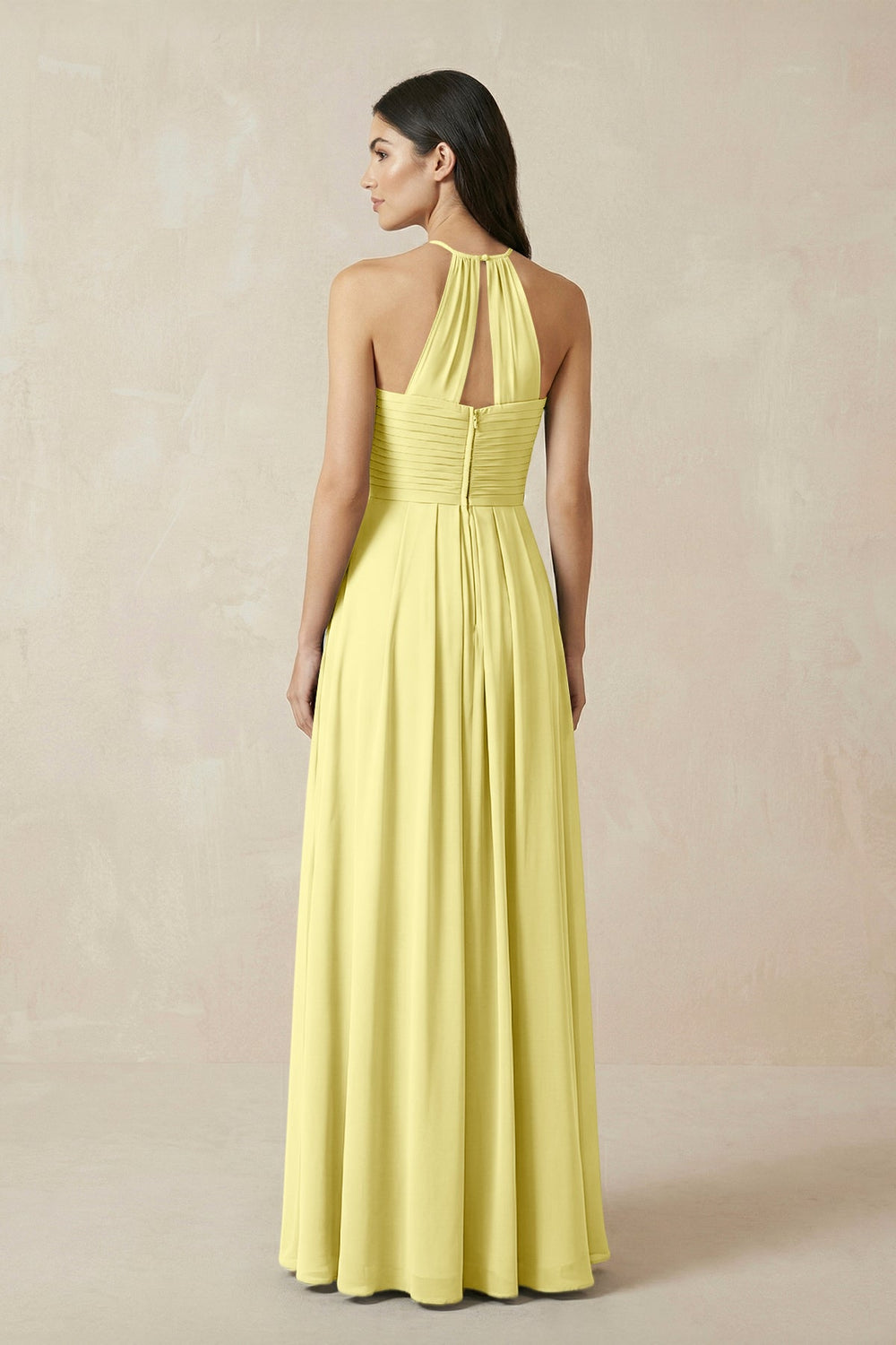 A-Line Halter Neck Pleated Chiffon Bridesmaid Dress in Buttercup - KissProm BRIDESMAID DRESSES
