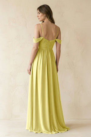 A-Line Off-the-Shoulder Pleated Chiffon Bridesmaid Dress in Buttercup - KissProm BRIDESMAID DRESSES