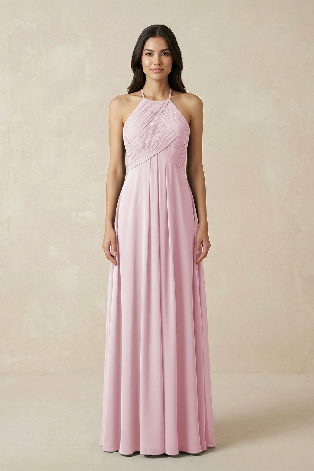 A-Line Halter Neck Pleated Chiffon Bridesmaid Dress in Candy Pink - KissProm BRIDESMAID DRESSES