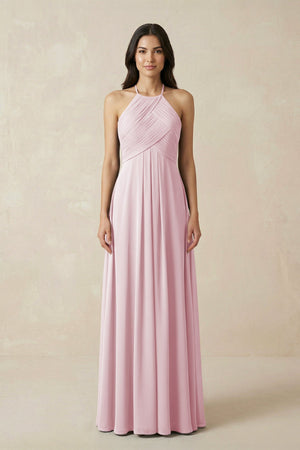 A-Line Halter Neck Pleated Chiffon Bridesmaid Dress in Candy Pink - KissProm BRIDESMAID DRESSES