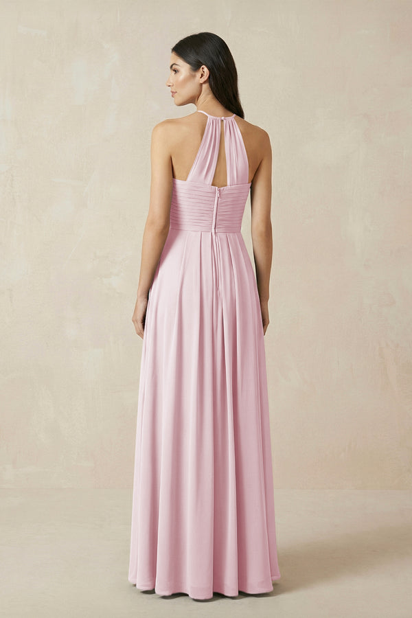 A-Line Halter Neck Pleated Chiffon Bridesmaid Dress in Candy Pink - KissProm BRIDESMAID DRESSES