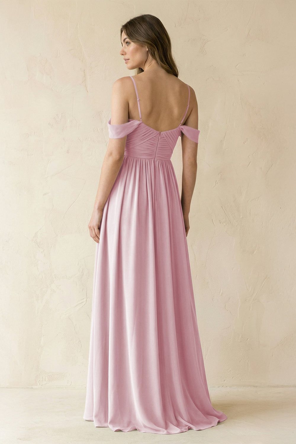 A-Line Off-the-Shoulder Pleated Chiffon Bridesmaid Dress in Candy Pink - KissProm BRIDESMAID DRESSES