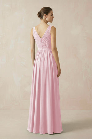 A-Line V-Neck Pleated Chiffon Bridesmaid Dress in Candy Pink - KissProm BRIDESMAID DRESSES