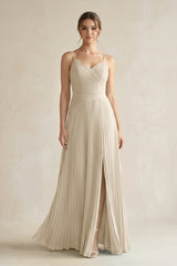 Pleated A-Line Long Chiffon Bridesmaid Dress in Champagne