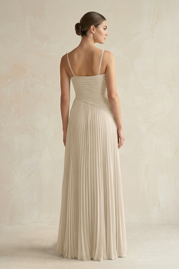 Pleated A-Line Long Chiffon Bridesmaid Dress in Champagne