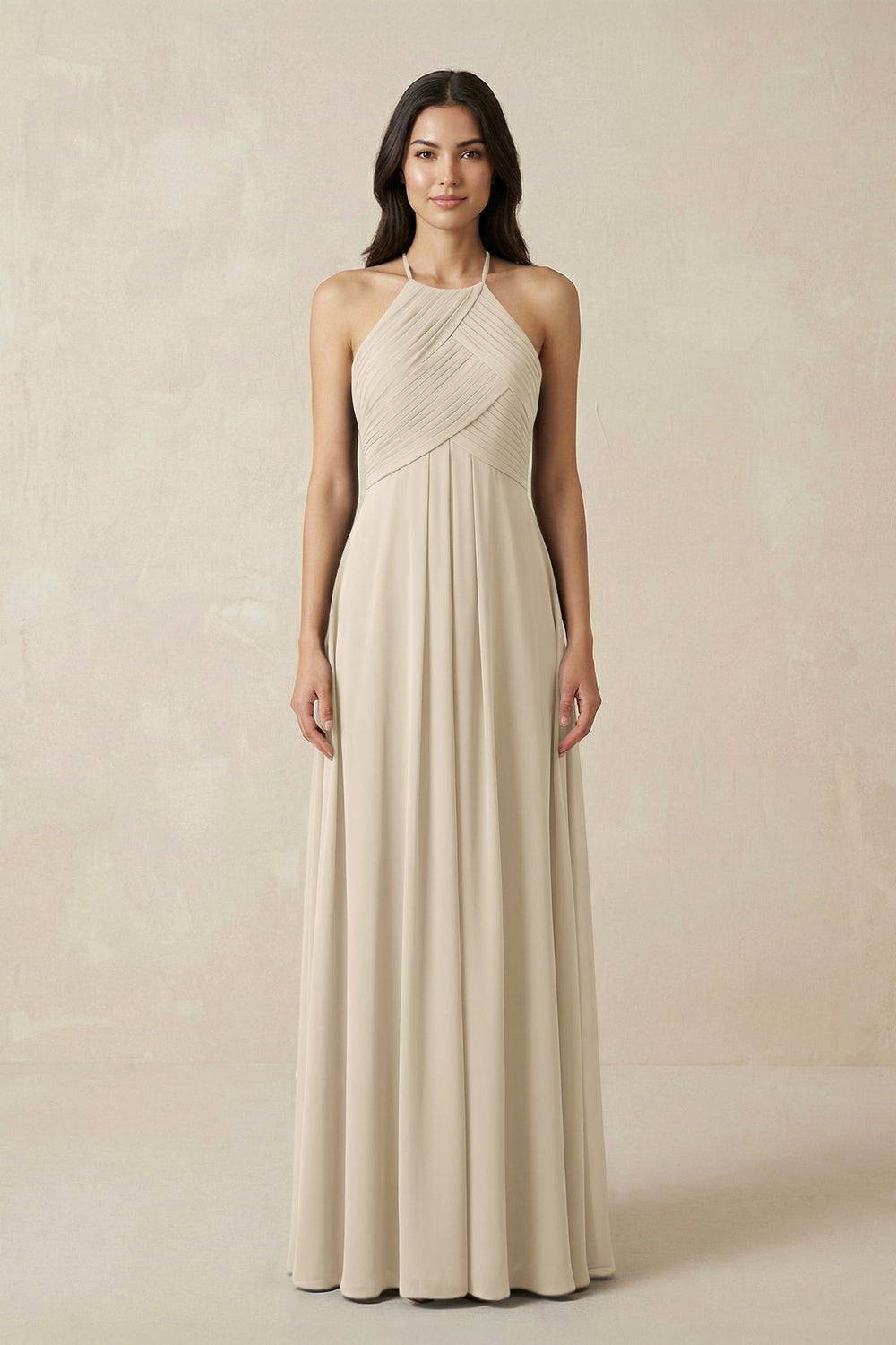 A-Line Halter Neck Pleated Chiffon Bridesmaid Dress in Champagne - KissProm BRIDESMAID DRESSES