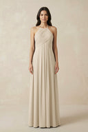 A-Line Halter Neck Pleated Chiffon Bridesmaid Dress in Champagne - KissProm BRIDESMAID DRESSES