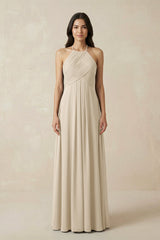 A-Line Halter Neck Pleated Chiffon Bridesmaid Dress in Champagne - KissProm BRIDESMAID DRESSES