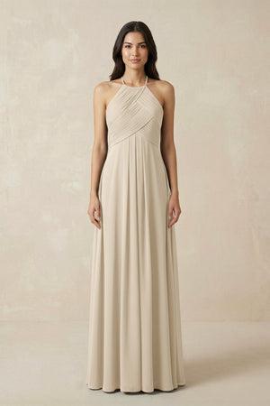 A-Line Halter Neck Pleated Chiffon Bridesmaid Dress in Champagne - KissProm BRIDESMAID DRESSES