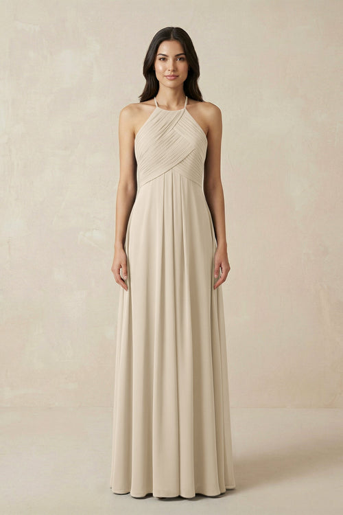 A-Line Halter Neck Pleated Chiffon Bridesmaid Dress in Champagne - KissProm BRIDESMAID DRESSES