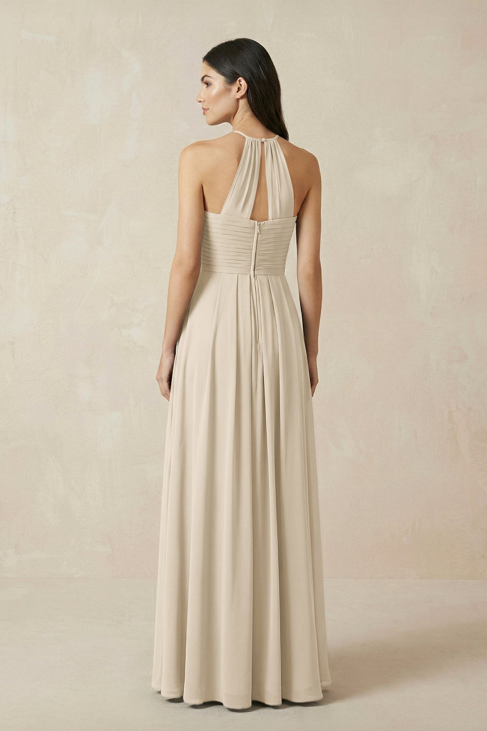 A-Line Halter Neck Pleated Chiffon Bridesmaid Dress in Champagne - KissProm BRIDESMAID DRESSES