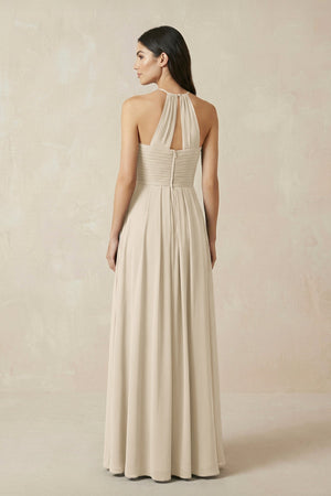 A-Line Halter Neck Pleated Chiffon Bridesmaid Dress in Champagne - KissProm BRIDESMAID DRESSES