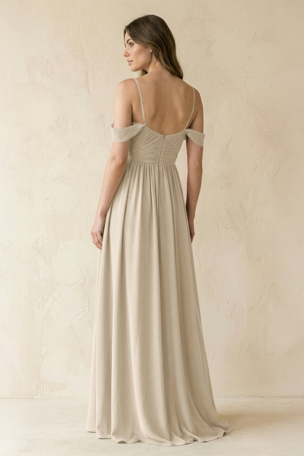 A-Line Off-the-Shoulder Pleated Chiffon Bridesmaid Dress in Champagne - KissProm BRIDESMAID DRESSES