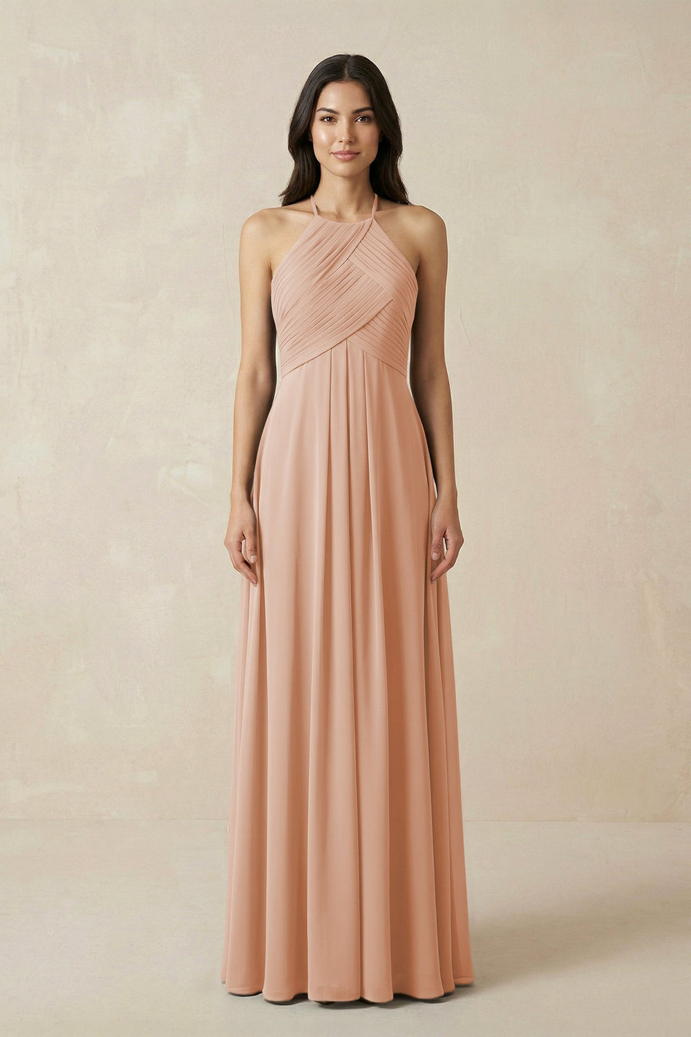 A-Line Halter Neck Pleated Chiffon Bridesmaid Dress in Champagne Rose - KissProm BRIDESMAID DRESSES