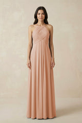 A-Line Halter Neck Pleated Chiffon Bridesmaid Dress in Champagne Rose - KissProm BRIDESMAID DRESSES
