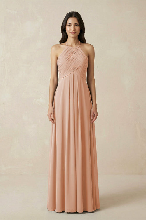 A-Line Halter Neck Pleated Chiffon Bridesmaid Dress in Champagne Rose - KissProm BRIDESMAID DRESSES