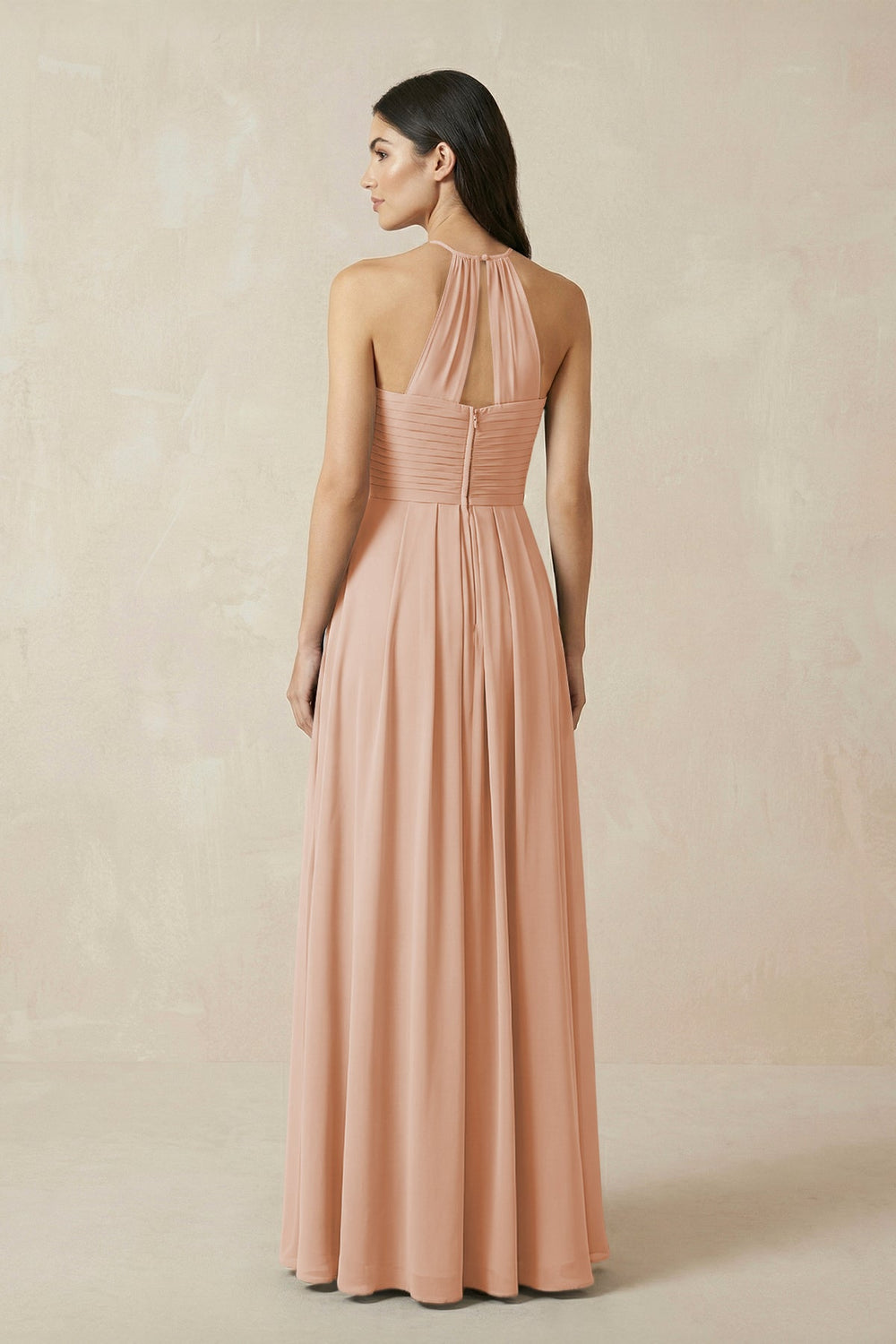 A-Line Halter Neck Pleated Chiffon Bridesmaid Dress in Champagne Rose - KissProm BRIDESMAID DRESSES