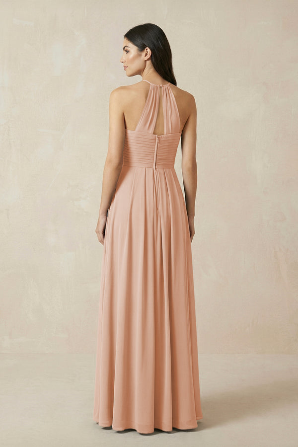 A-Line Halter Neck Pleated Chiffon Bridesmaid Dress in Champagne Rose - KissProm BRIDESMAID DRESSES