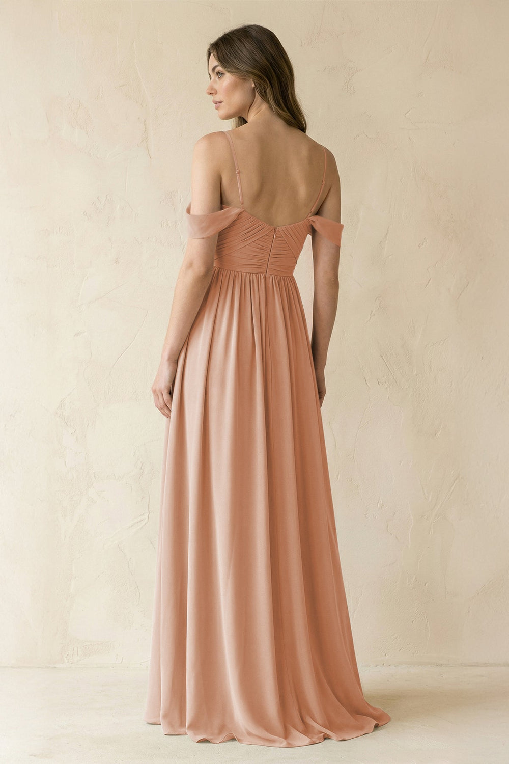 A-Line Off-the-Shoulder Pleated Chiffon Bridesmaid Dress in Champagne Rose - KissProm BRIDESMAID DRESSES