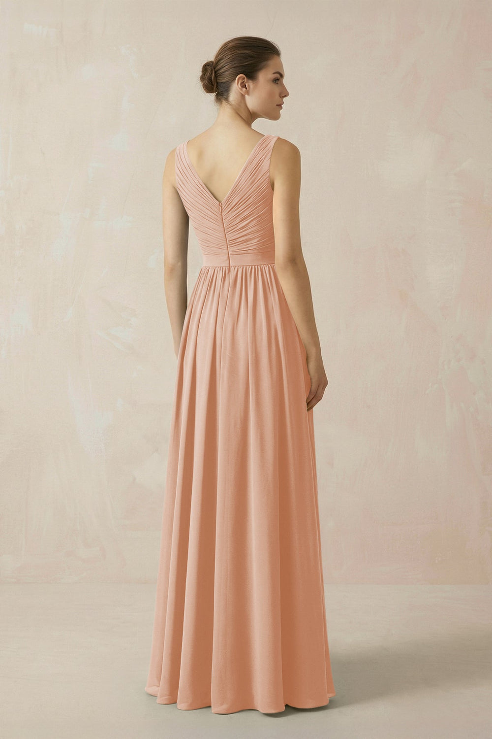 A-Line V-Neck Pleated Chiffon Bridesmaid Dress in Champagne Rose - KissProm BRIDESMAID DRESSES