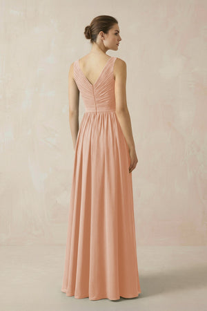 A-Line V-Neck Pleated Chiffon Bridesmaid Dress in Champagne Rose - KissProm BRIDESMAID DRESSES