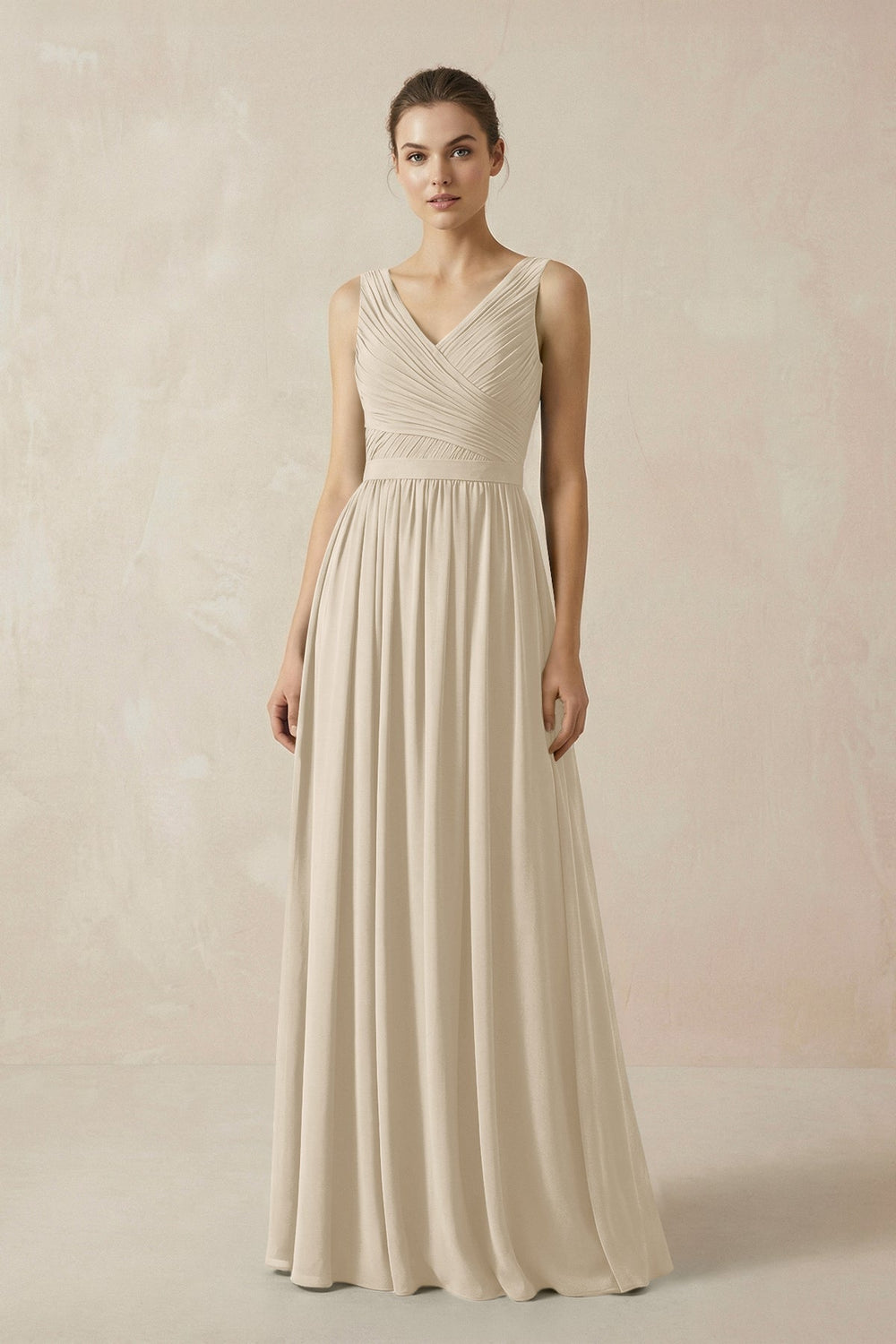 A-Line V-Neck Pleated Chiffon Bridesmaid Dress in Champagne - KissProm BRIDESMAID DRESSES