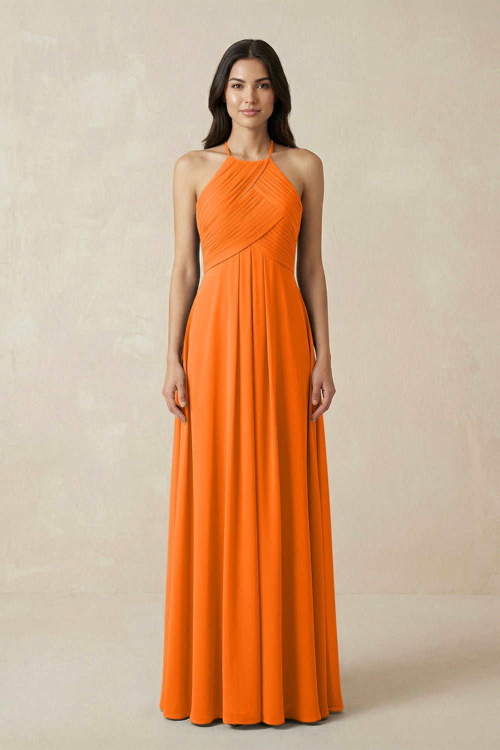 A-Line Halter Neck Pleated Chiffon Bridesmaid Dress in Cinnamon - KissProm BRIDESMAID DRESSES
