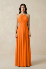 A-Line Halter Neck Pleated Chiffon Bridesmaid Dress in Cinnamon - KissProm BRIDESMAID DRESSES