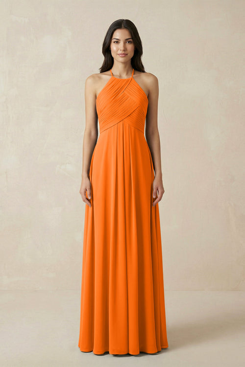 A-Line Halter Neck Pleated Chiffon Bridesmaid Dress in Cinnamon - KissProm BRIDESMAID DRESSES