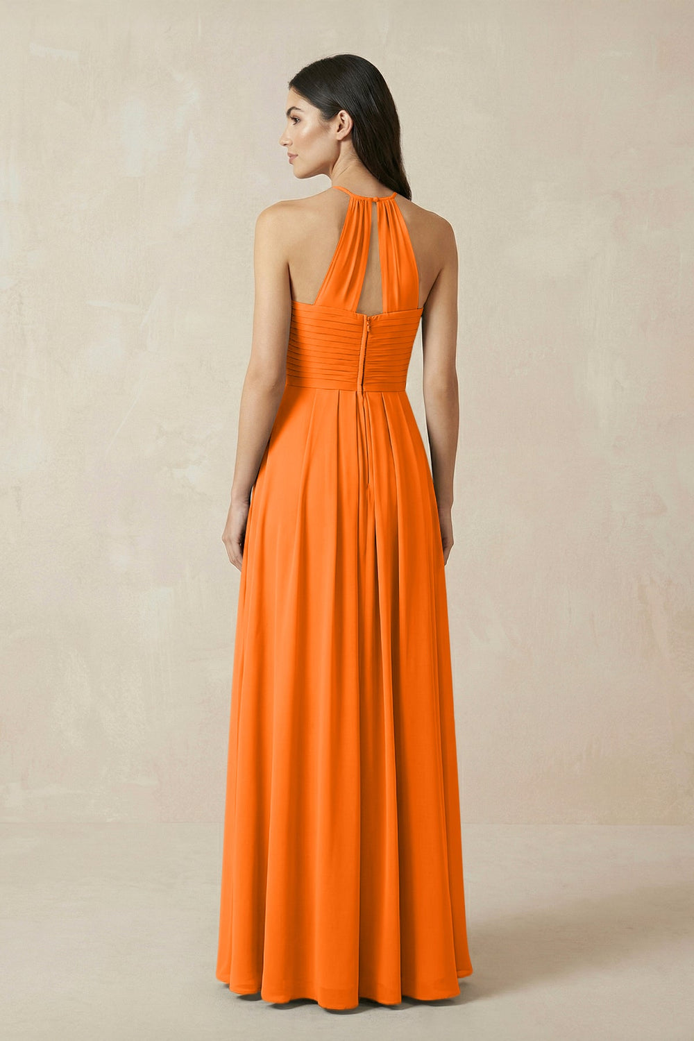 A-Line Halter Neck Pleated Chiffon Bridesmaid Dress in Cinnamon - KissProm BRIDESMAID DRESSES