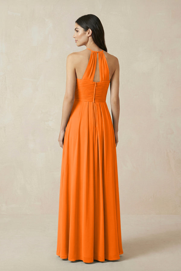 A-Line Halter Neck Pleated Chiffon Bridesmaid Dress in Cinnamon - KissProm BRIDESMAID DRESSES