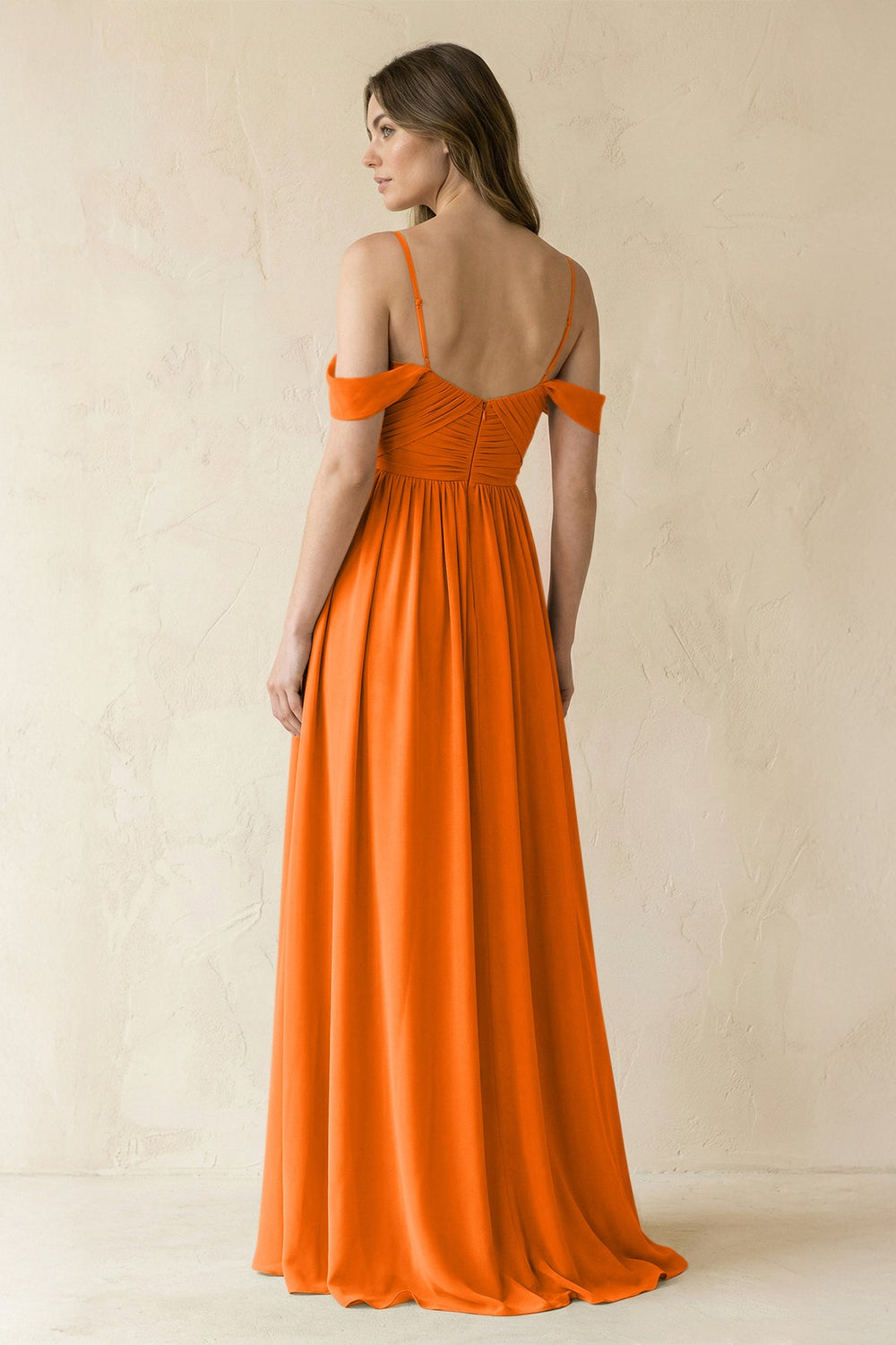 A-Line Off-the-Shoulder Pleated Chiffon Bridesmaid Dress in Cinnamon - KissProm BRIDESMAID DRESSES