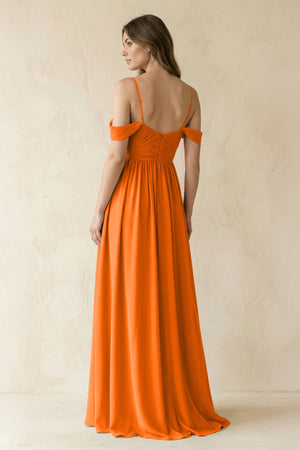 A-Line Off-the-Shoulder Pleated Chiffon Bridesmaid Dress in Cinnamon - KissProm BRIDESMAID DRESSES
