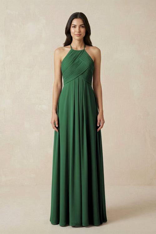 A-Line Halter Neck Pleated Chiffon Bridesmaid Dress in Dark Green - KissProm BRIDESMAID DRESSES
