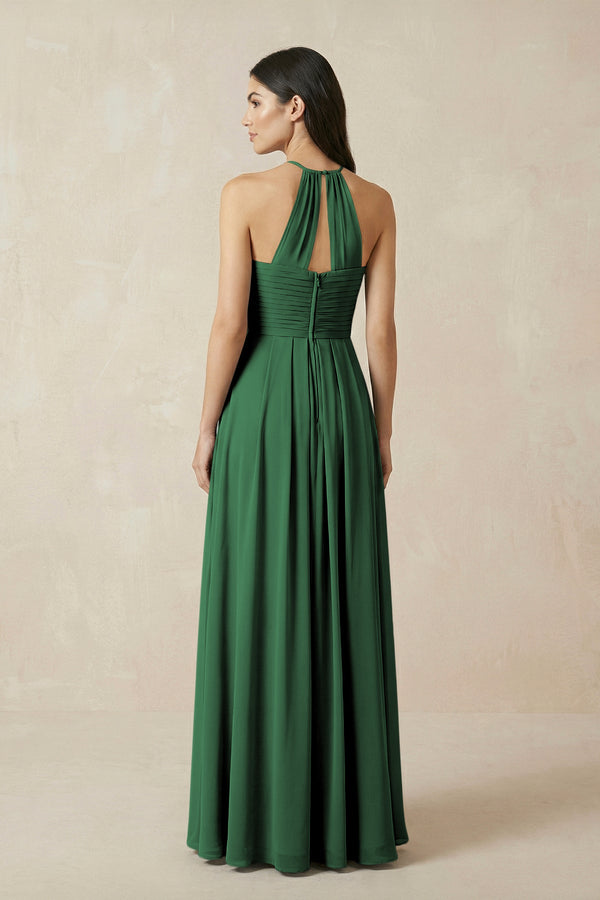 A-Line Halter Neck Pleated Chiffon Bridesmaid Dress in Dark Green - KissProm BRIDESMAID DRESSES