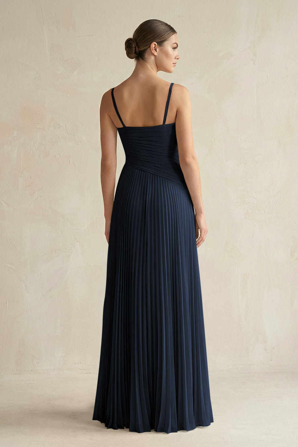Pleated A-Line Long Chiffon Bridesmaid Dress in Dark Navy