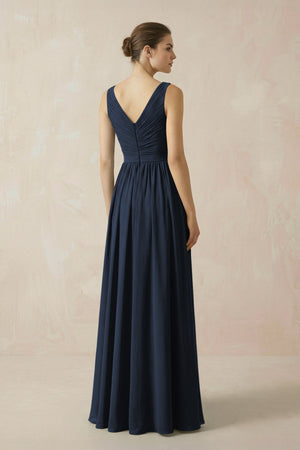 A-Line V-Neck Pleated Chiffon Bridesmaid Dress in Dark Navy - KissProm BRIDESMAID DRESSES