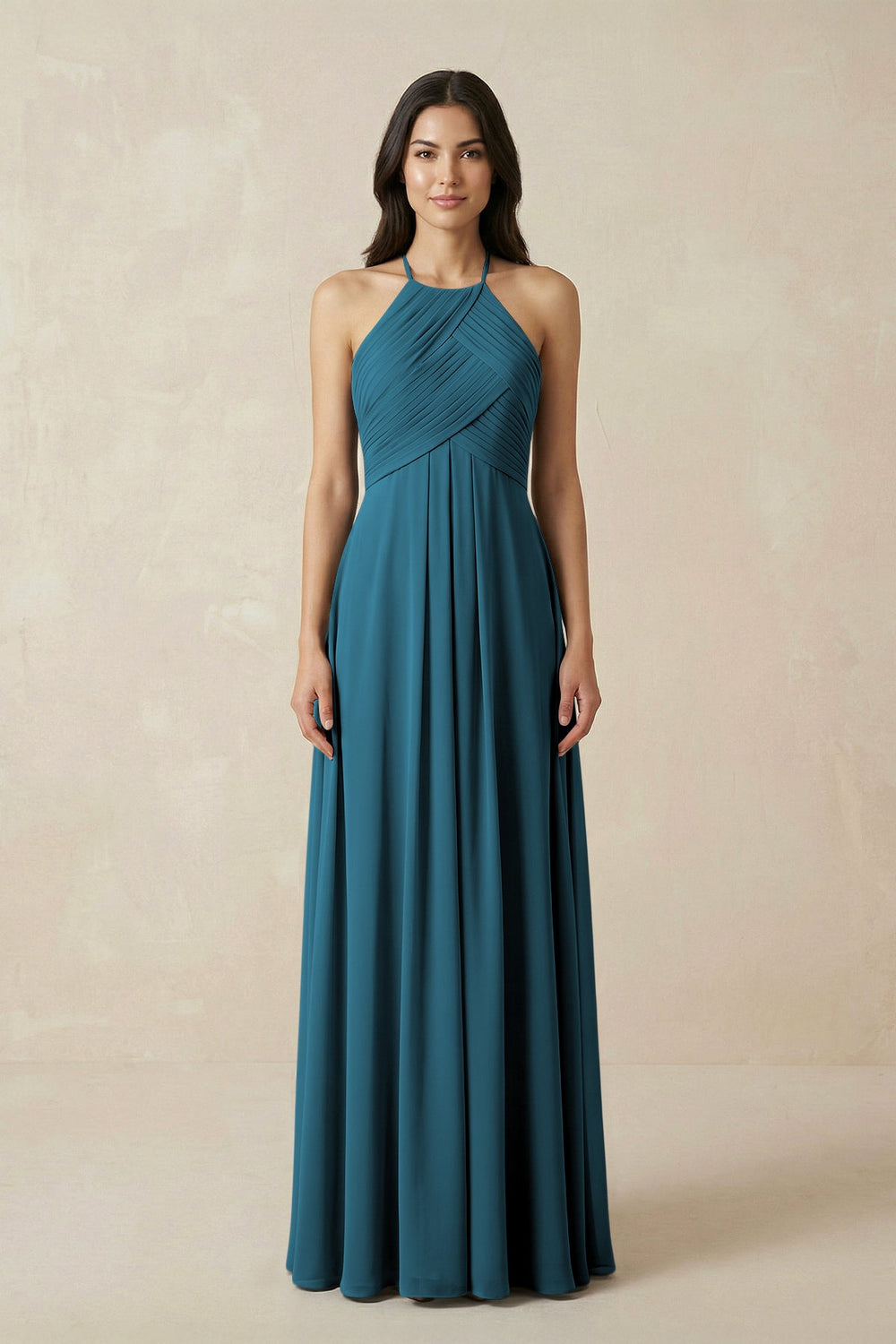 A-Line Halter Neck Pleated Chiffon Bridesmaid Dress in Dark Teal - KissProm BRIDESMAID DRESSES