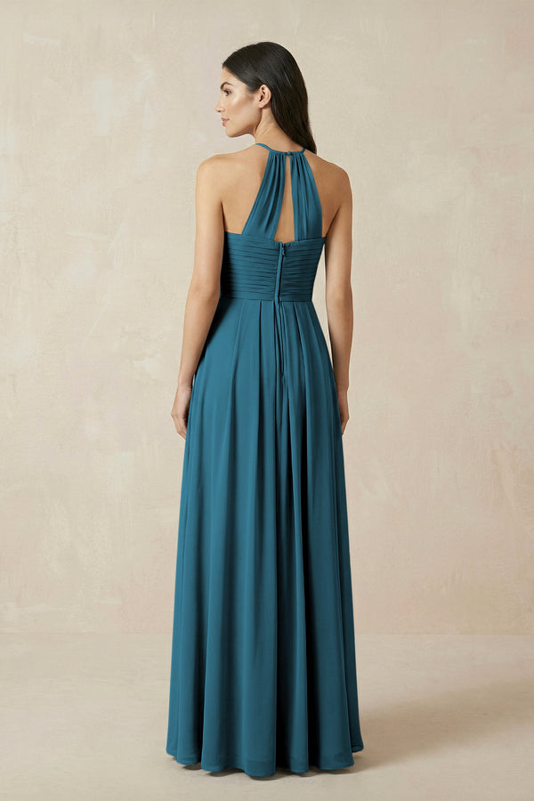 A-Line Halter Neck Pleated Chiffon Bridesmaid Dress in Dark Teal - KissProm BRIDESMAID DRESSES