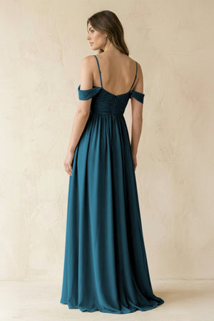 A-Line Off-the-Shoulder Pleated Chiffon Bridesmaid Dress in Dark Teal - KissProm BRIDESMAID DRESSES