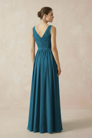 A-Line V-Neck Pleated Chiffon Bridesmaid Dress in Dark Teal - KissProm BRIDESMAID DRESSES