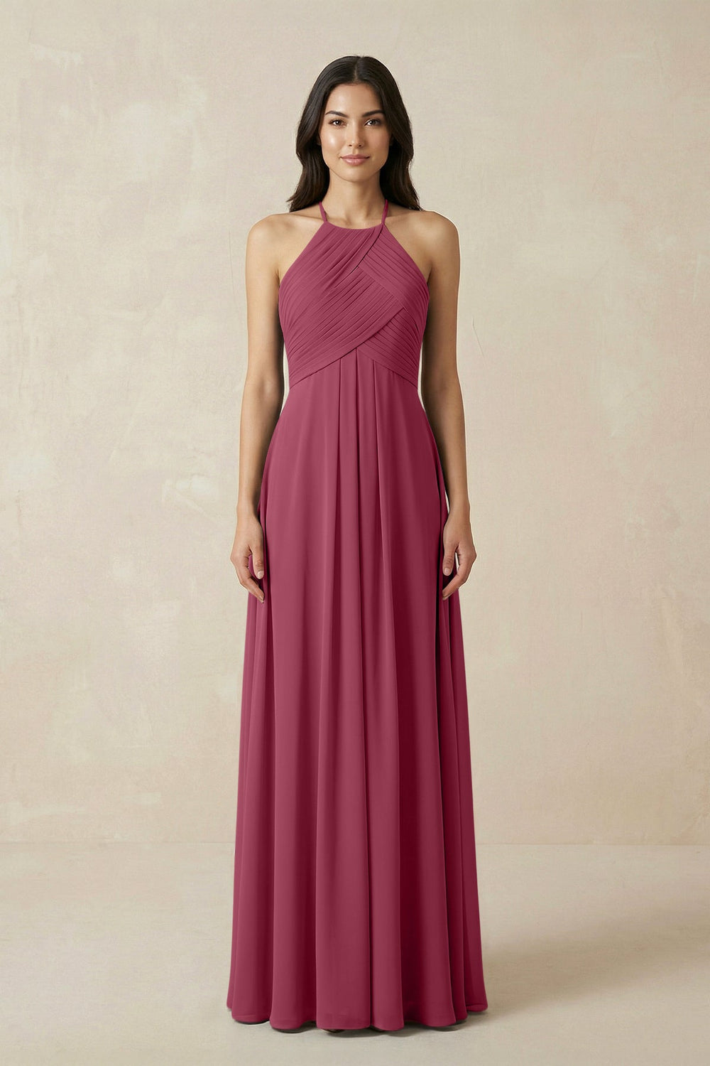 A-Line Halter Neck Pleated Chiffon Bridesmaid Dress in Desert Rose - KissProm BRIDESMAID DRESSES